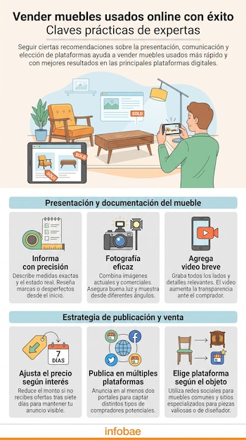 Infografía ilustra a un hombre fotografiando muebles para la venta, y paneles con iconos que explican cómo vender objetos usados en plataformas digitales.