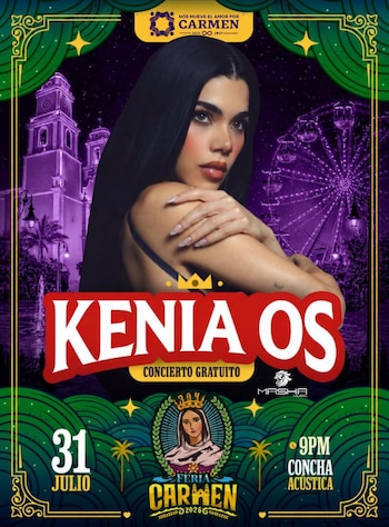 Póster de concierto. Una mujer joven de cabello oscuro al centro, edificios morados, una rueda de la fortuna y texto "Kenia Os", "Feria Carmen" y "31 julio"