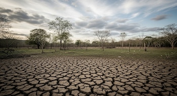 Primer plano de tierra resquebrajada por sequía en un paisaje rural de El Salvador, con vegetación marchita, árboles escasos y cielo nublado.