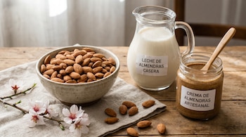 Tazón con almendras, jarra de leche de almendras y frasco de crema de almendras sobre mesa de madera rústica, con rama de almendro en flor y almendras sueltas.