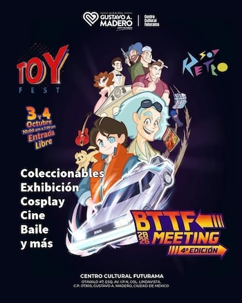 Cartel ilustrado con personajes de caricatura, un automóvil deportivo, textos informativos y el logotipo del Centro Cultural Futurama