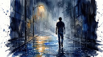 Ilustración en acuarela de un hombre de espaldas caminando por una calle nocturna bajo la lluvia junto a un farol encendido.