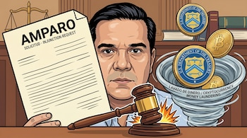 Ilustración de Jesús Aispuro Félix con un amparo. Un mazo de juez, Bitcoin y monedas del Tesoro de EE. UU. en un torbellino de 'lavado de dinero'.