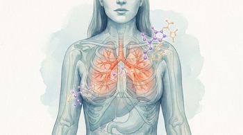 Ilustración del torso transparente de una mujer que muestra el sistema respiratorio con bronquios iluminados en rojo y modelos moleculares.
