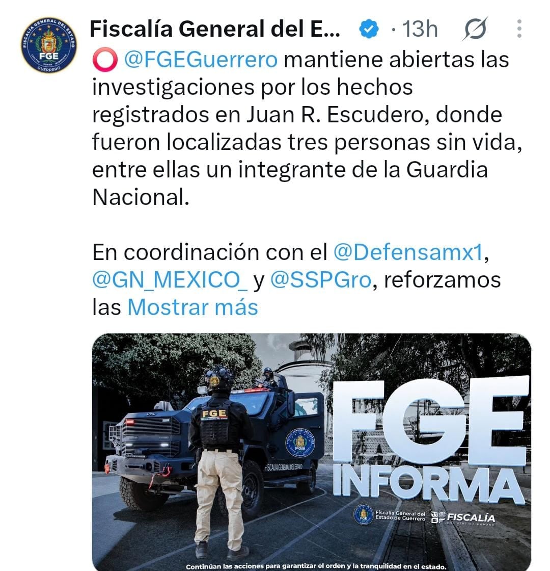 Un comunicado de la Fiscalía General del Estado de Guerrero reporta investigaciones abiertas tras el hallazgo de tres personas sin vida en el municipio de Juan R. Escudero. (Fiscalía del Estado de Guerrero)