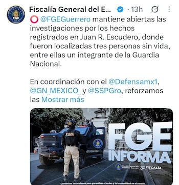 Publicación digital con un mensaje institucional y la foto de un agente de seguridad ante un vehículo blindado