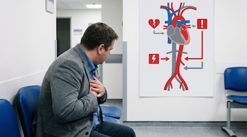Hombre de espaldas sentado en silla azul, manos en el pecho. Diagrama de sistema circulatorio humano con corazón, aorta y símbolos de alerta médica en la pared.