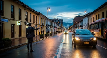 Hombre de traje en una calle mojada al anochecer, levanta el brazo hacia un coche con faros encendidos. Edificios y un autobús TransMilenio se ven al fondo.