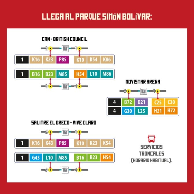 El operativo cubrirá el 12 y 13 de septiembre con paradas en Salitre-El Greco, CAN-British Council y Movistar Arena, más rutas nocturnas hacia Unicentro - crédito Transmilenio
