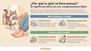 Un gato atigrado de color marrón y blanco lleva un ratón en la boca, frente a los pies de una persona descalza. Una infografía explica su comportamiento.