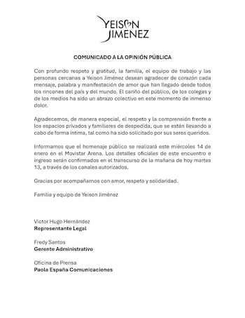 Yeison Jiménez será despedido con