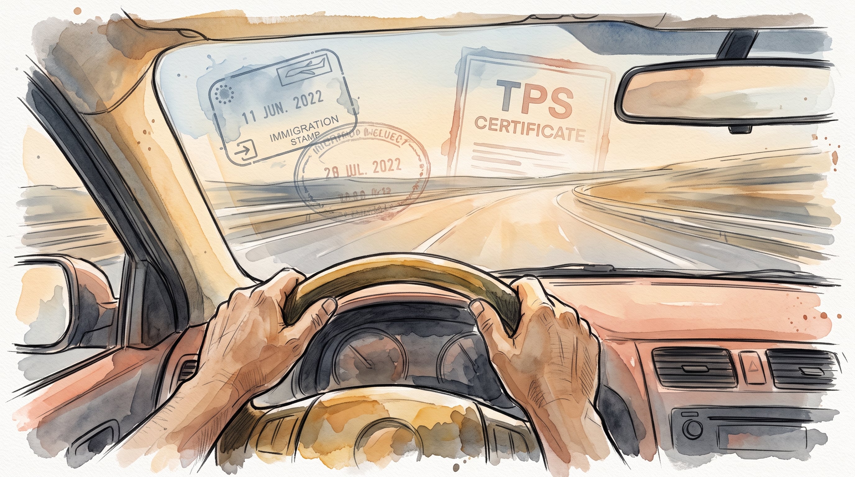 Un conductor avanza por una carretera mientras en el parabrisas figuran marcas de sellos migratorios y un certificado de Estatus de Protección Temporal. (Imagen Ilustrativa Infobae)