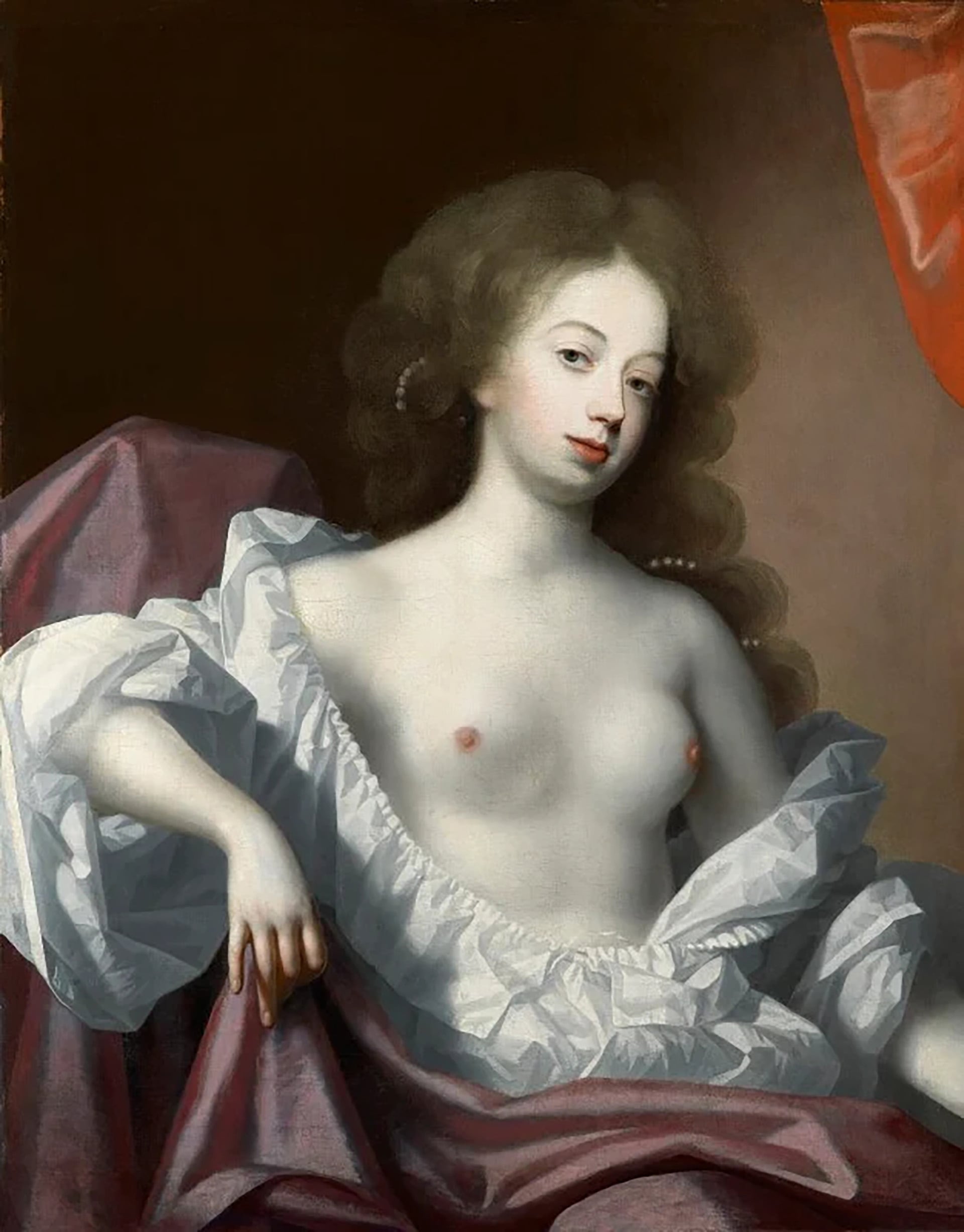 La actriz inglesa Nell Gwyn posa en un retrato pictórico tradicional con vestiduras drapeadas y el torso al descubierto.