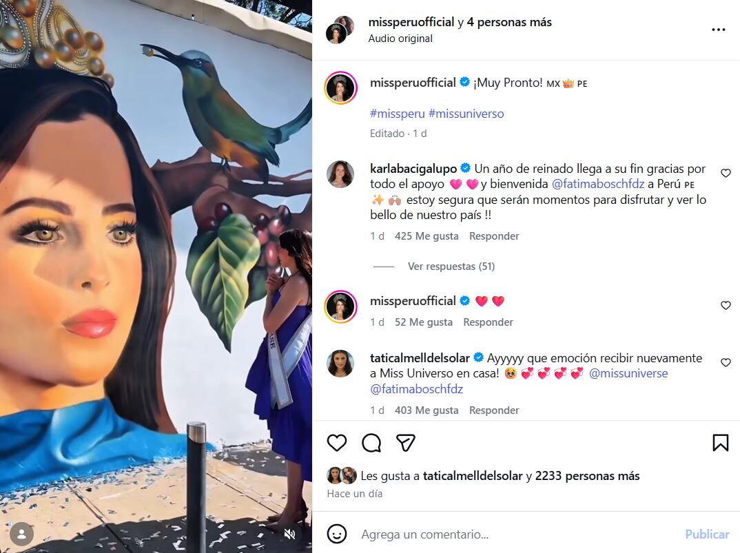 Fátima Bosch, Miss Universo 2025, posa junto a un vibrante mural en Ica, Perú, mientras se prepara para su visita oficial a la región.