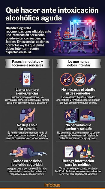 Infografía con recomendaciones sobre intoxicación alcohólica. Muestra ambulancia, paramédicos, paciente, móvil SOS, iconos de personas, cama, botella de alcohol, taza de café, jeringa, ducha y pastillas.