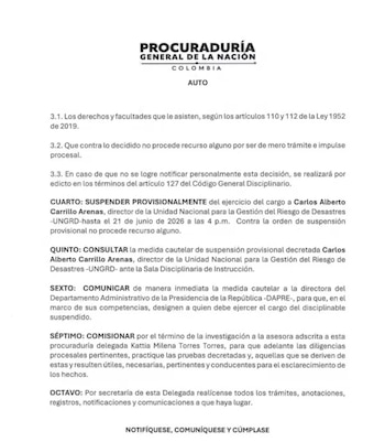 Argumentos de la Procuraduría para suspender a Carlos Carrillo, director de la Ungrd, por presunta intervención eléctoral - crédito Procuraduría