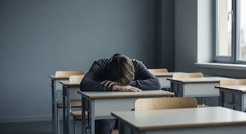 Adolescente sentado en un pupitre de un aula, con la cabeza apoyada en los brazos sobre la mesa, rodeado de pupitres vacíos junto a una ventana.