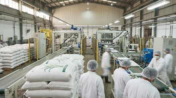 Interior de una fábrica con varias líneas de producción, sacos blancos de azúcar apilados con un logo verde, maquinaria automatizada y trabajadores en uniforme blanco.