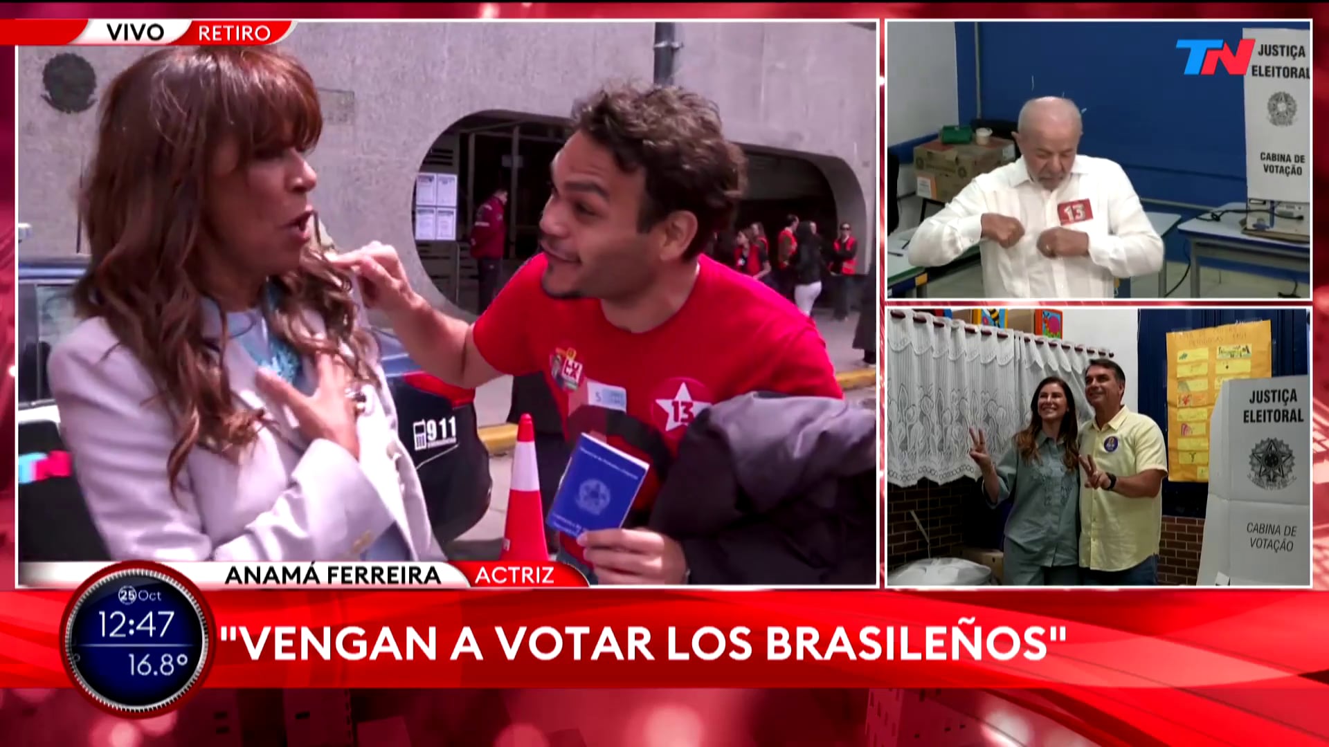 “¡Andá a laburar, Flávio Bolsonaro!”, gritó un votante de Lula da Silva cuando Anamá Ferreira hablaba en vivo con el canal de noticias (TN)