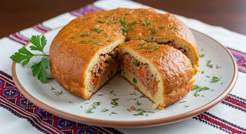Cernički ćupteti croata redondo y dorado, rebanado para mostrar relleno de carne y vegetales, sobre plato de cerámica con perejil y eneldo, sobre mantel bordado.