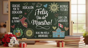 Pizarra con el mensaje '¡Feliz Día del Maestro!', dibujos de la bandera de Perú, su mapa y escudo, un sol, una escuela, flores, regalos y libros.