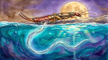 Tijereta en la superficie del agua bajo la luna llena mientras un gusano transparente sale de su cuerpo hacia el agua