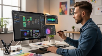 Hombre con barba y camisa de mezclilla sentado frente a un monitor. Usa lápiz óptico en la mano derecha. La pantalla muestra interfaces de software de diseño con nodos y gráficos.