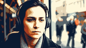 Ilustración de mujer joven con auriculares en un ambiente difuso - VisualesIA ScribNews
