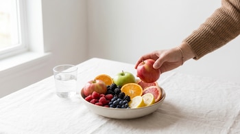 Mano tomando una manzana roja de un tazón blanco con diversas frutas frescas: manzanas, cítricos, frambuesas, arándanos y moras. Un vaso de agua al lado.
