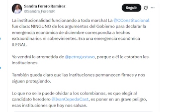 A vereadora Sandra Forero Ramírez comemora o fim da emergência econômica - crédito @Sandra_ForeroR/X