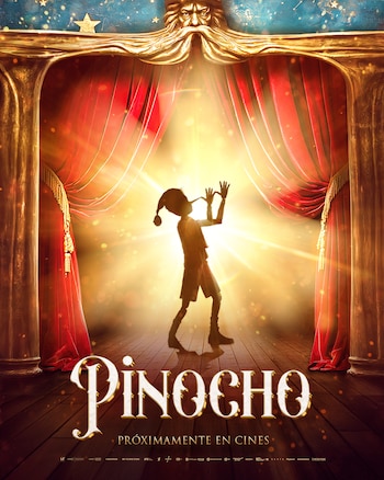 Póster de "Pinocho" con la silueta del personaje en un escenario de madera, cortinas rojas y luz brillante. Un arco dorado de teatro enmarca la escena. Título "Pinocho"