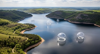 Vista aérea de un embalse azul oscuro rodeado por densas colinas verdes y vegetación, con múltiples burbujas transparentes flotando sobre el agua.