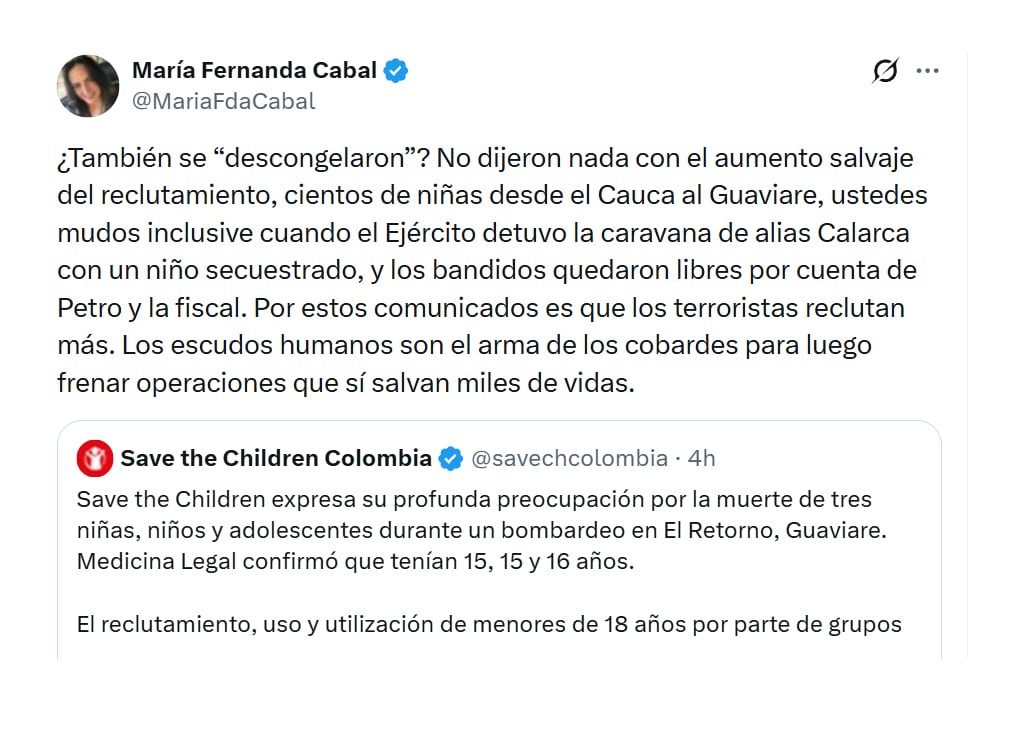 Con este mensaje en X, la senadora María Fernanda Cabal habló sobre el comunicado de Save The Children, en el que se refirieron a la muerte de tres menores de edad - crédito @MariaFdaCabal/X