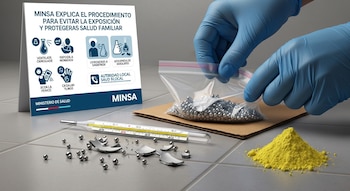 Termómetro de mercurio roto, bolitas de mercurio, polvo amarillo, manos con guantes azules recogiendo mercurio, cartel informativo de Minsa.