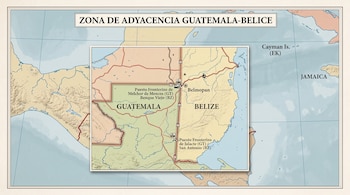 Mapa de Centroamérica con un recuadro de la zona entre Guatemala y Belice que detalla puestos fronterizos y ciudades.
