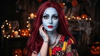 Mujer con maquillaje azul, costuras dibujadas en la piel, cabello rojo y vestido de retazos, frente a calabazas y luces.