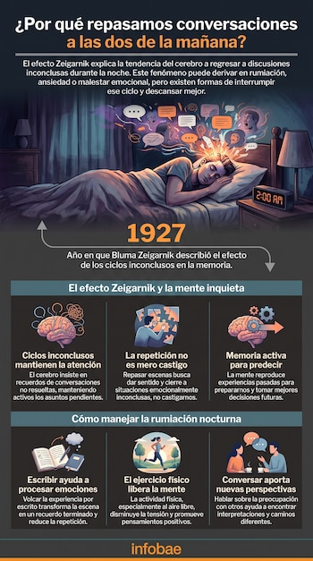 Persona durmiendo con pensamientos en la cabeza, despertador a las 2 AM, junto a infografía sobre el efecto Zeigarnik, la rumiación nocturna y sus soluciones, con texto.