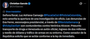 Garcés sostuvo que las declaraciones divulgadas públicamente ameritan una actuación de las autoridades conforme a la ley y pidió que se evalúe la información para establecer si existen fundamentos para iniciar una investigación judicial - crédito @ChriGarces/X