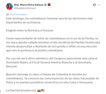 La congresista aseguró que no permanecerá en silencio frente a los intentos que, según ella, buscan desacreditar a De la Espriella e influir en una elección - crédito @RepMariaSalazar/X
