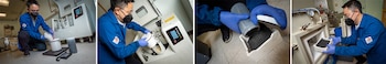 Cuatro imágenes. Un investigador con bata azul y guantes azules procesa polvo en laboratorio. Prepara bolas de circonia, opera molino, transfiere polvo y lo introduce en un horno