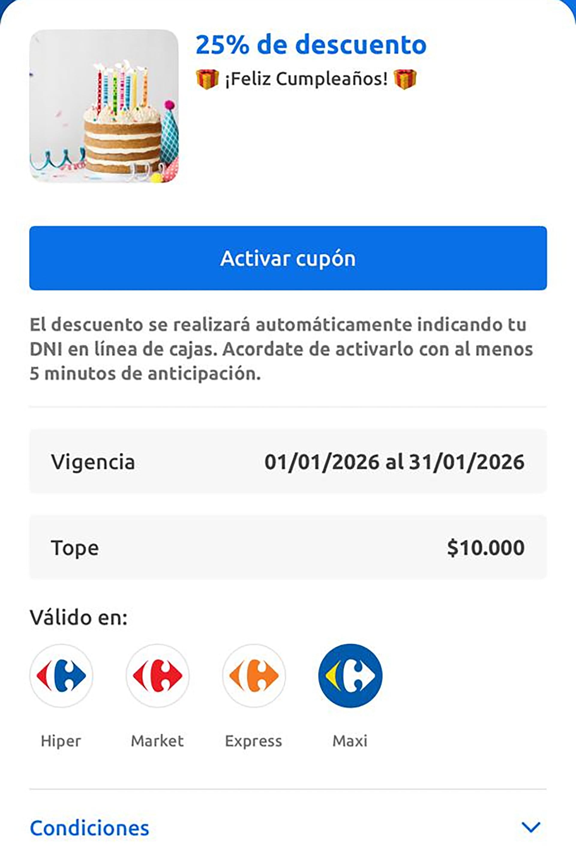 Carrefour activa un descuento del 25% con tope de $10.000 a través de su app, que se aplica al pagar en caja con DNI durante el mes aniversario