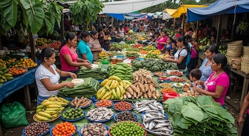 Puesto de mercado al aire libre con comerciantes y compradores, abundante variedad de frutas, verduras, hojas verdes y pescado en exhibición.