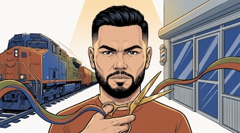 Ilustración de un hombre con tijeras doradas, un tren de carga a la izquierda y la fachada de una barbería a la derecha.