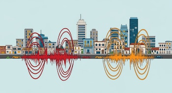 Ilustración de ciudad con edificios, dos ondas sísmicas concéntricas rojas y naranjas, ventanas iluminadas y autos en la calle.