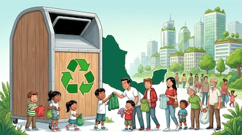 Contenedor de reciclaje de textiles con logo verde. Varias personas, incluyendo niños, jóvenes y adultos, depositan ropa. Silueta de México y ciudad verde al fondo.