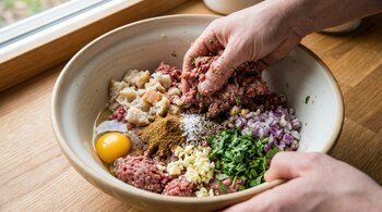 Primer plano de manos mezclando carne molida con huevo, pan, cebolla morada picada, ajo picado, cilantro, comino, sal y pimienta en un bol blanco.