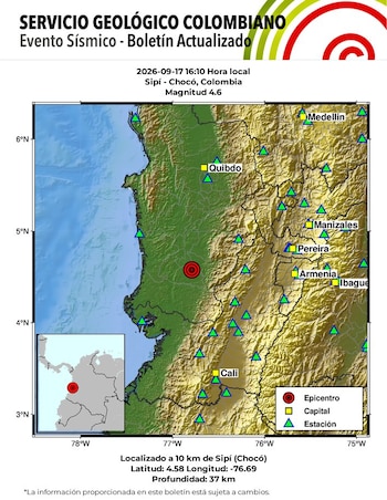 El Servicio Geológico Colombiano informó que ambos movimientos ocurrieron con diez minutos de diferencia y a 37 kilómetros de profundidad durante la tarde del jueves 17 de septiembre de 2026 - crédito SGC/X