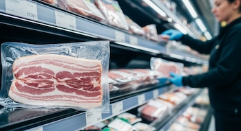 Un paquete de tocino sellado está en primer plano sobre una repisa refrigerada. Al fondo hay otros paquetes de carne y un empleado con guantes azules.