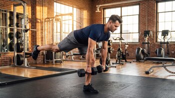 Hombre vestido de azul y gris se inclina sosteniendo mancuernas mientras levanta una pierna en un gimnasio con equipos, suelo de goma y ventanas.