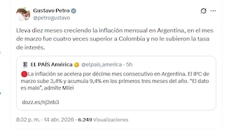 El presidente Gustavo Petro comparó la inflación en Colombia y en Argentina y cuestionó el aumento de la tasa de interés - crédito @petrogustavo/X